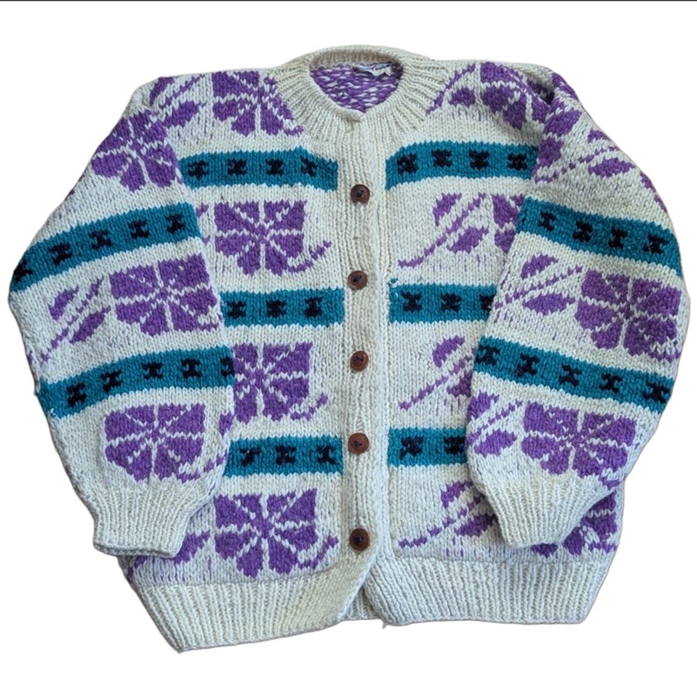 Vintage 70s 80s Rey Wear 100% Wool Fair Isle Floral Button Down Cardigan Sweater